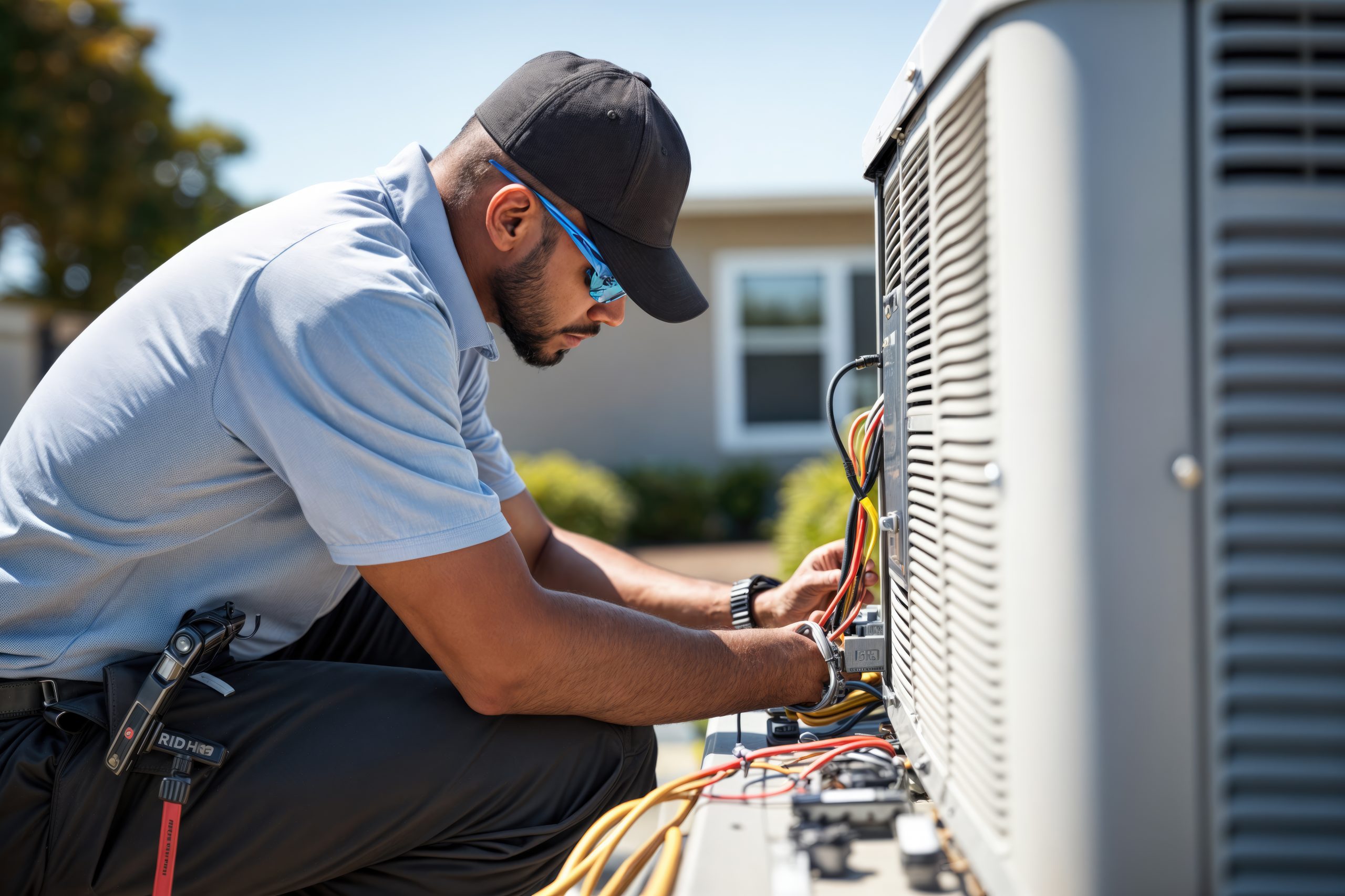 An air conditioning technician working on an outdoor unit. An air conditioning technician working on an outdoor unit.